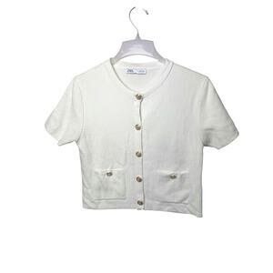 ZARA Women’s Knit Cardigan Crop Top White Short Sleeve Button Front Sz L